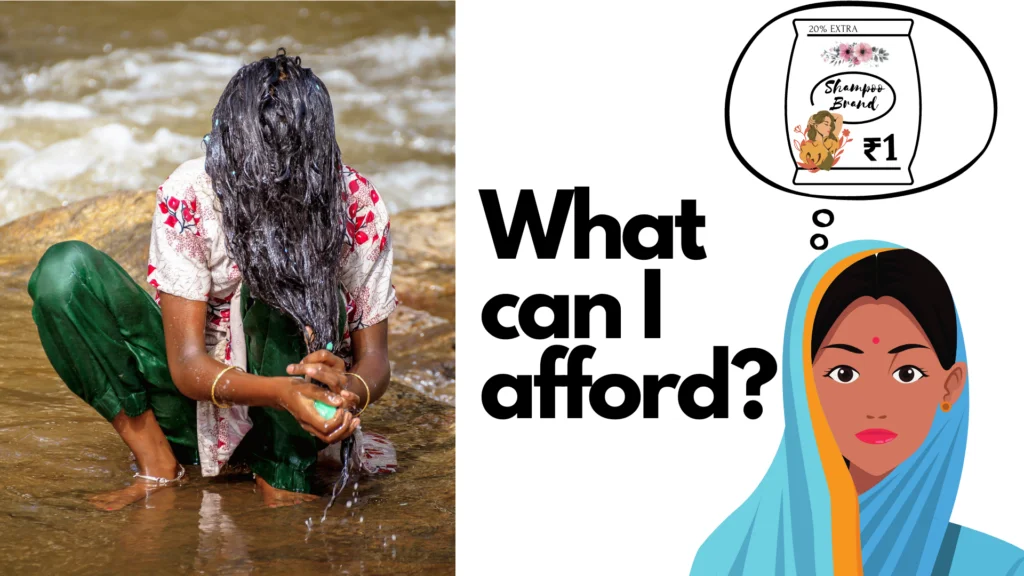 Young woman in India washes her hair by a river and asks "What can I afford?" and dreams of using expensive shampoo when she grows up; a low cost sachet with shampoo results in a well-dressed woman is shown.